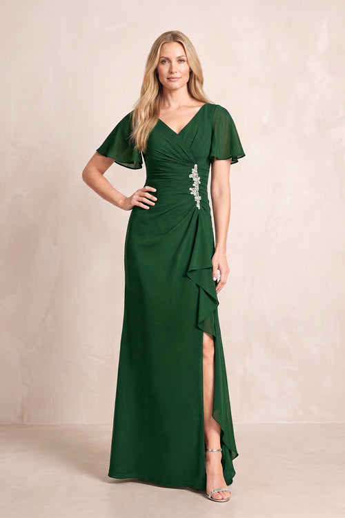 Dark Green V-Neck Sheath Chiffon Ruffled Short Sleeves Mother of the Bride Dress with Slit | KISSBRIDAL