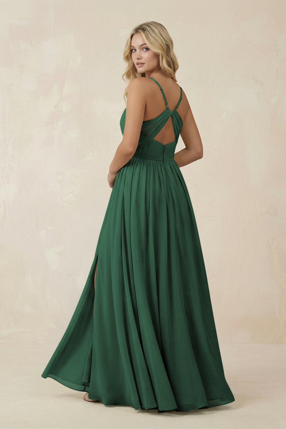 V-Neck Spaghetti Strap A-Line Chiffon Bridesmaid Dress in Dark Green
