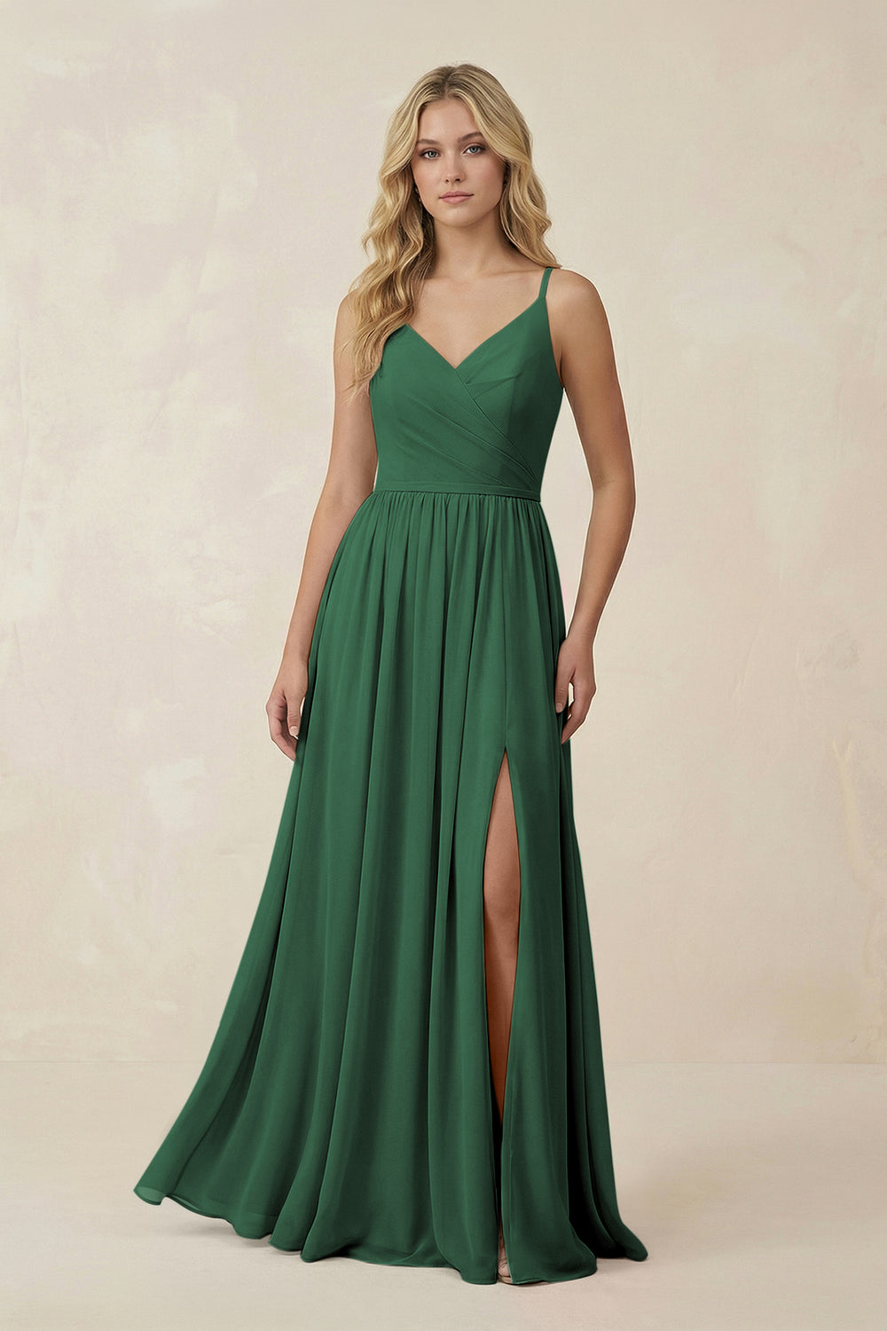 V-Neck Spaghetti Strap A-Line Chiffon Bridesmaid Dress in Dark Green