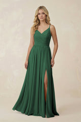 Dark Green V-Neck Spaghetti Strap A-Line Chiffon Bridesmaid Dress | KISSBRIDAL