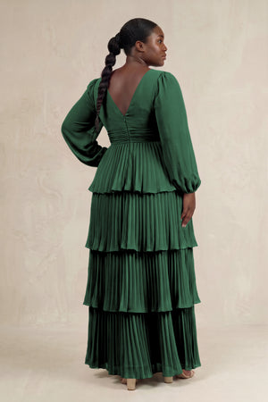 Dark Green V-Neck Tiered A-Line Long Sleeve Bridesmaid Dress (2) [sizeplus] | KISSBRIDAL