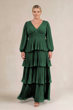 Dark Green V-Neck Tiered A-Line Long Sleeve Bridesmaid Dress (3) [sizeplus] | KISSBRIDAL
