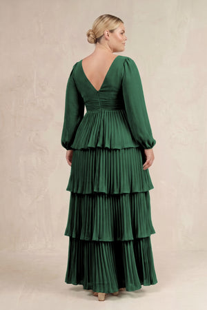 Dark Green V-Neck Tiered A-Line Long Sleeve Bridesmaid Dress (4) [sizeplus] | KISSBRIDAL