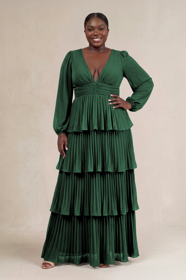 Dark Green V-Neck Tiered A-Line Long Sleeve Bridesmaid Dress [sizeplus] | KISSBRIDAL