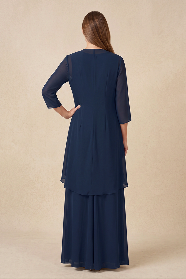 Dark Navy 2-Piece Ruffled Chiffon Sheath Mother of the Bride Dress (2) | KISSBRIDAL