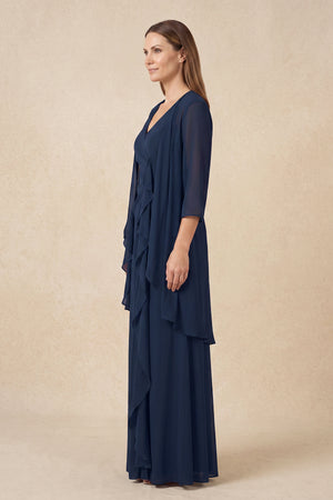Dark Navy 2-Piece Ruffled Chiffon Sheath Mother of the Bride Dress (3) | KISSBRIDAL