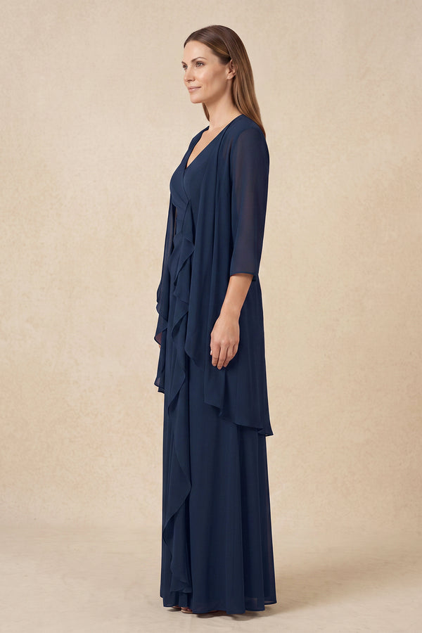 Dark Navy 2-Piece Ruffled Chiffon Sheath Mother of the Bride Dress (3) | KISSBRIDAL
