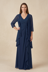 Dark Navy 2-Piece Ruffled Chiffon Sheath Mother of the Bride Dress | KISSBRIDAL