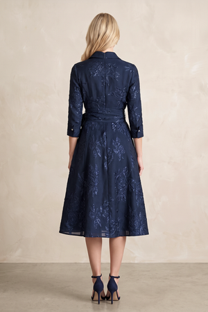 Dark Navy 3/4 Sleeves Jacquard A-Line Midi Mother of the Bride Dress With Belt (2) | KISSBRIDAL