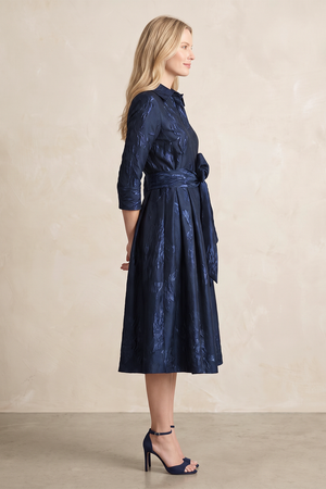 Dark Navy 3/4 Sleeves Jacquard A-Line Midi Mother of the Bride Dress With Belt (3) | KISSBRIDAL