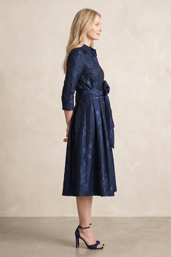 Dark Navy 3/4 Sleeves Jacquard A-Line Midi Mother of the Bride Dress With Belt (3) | KISSBRIDAL