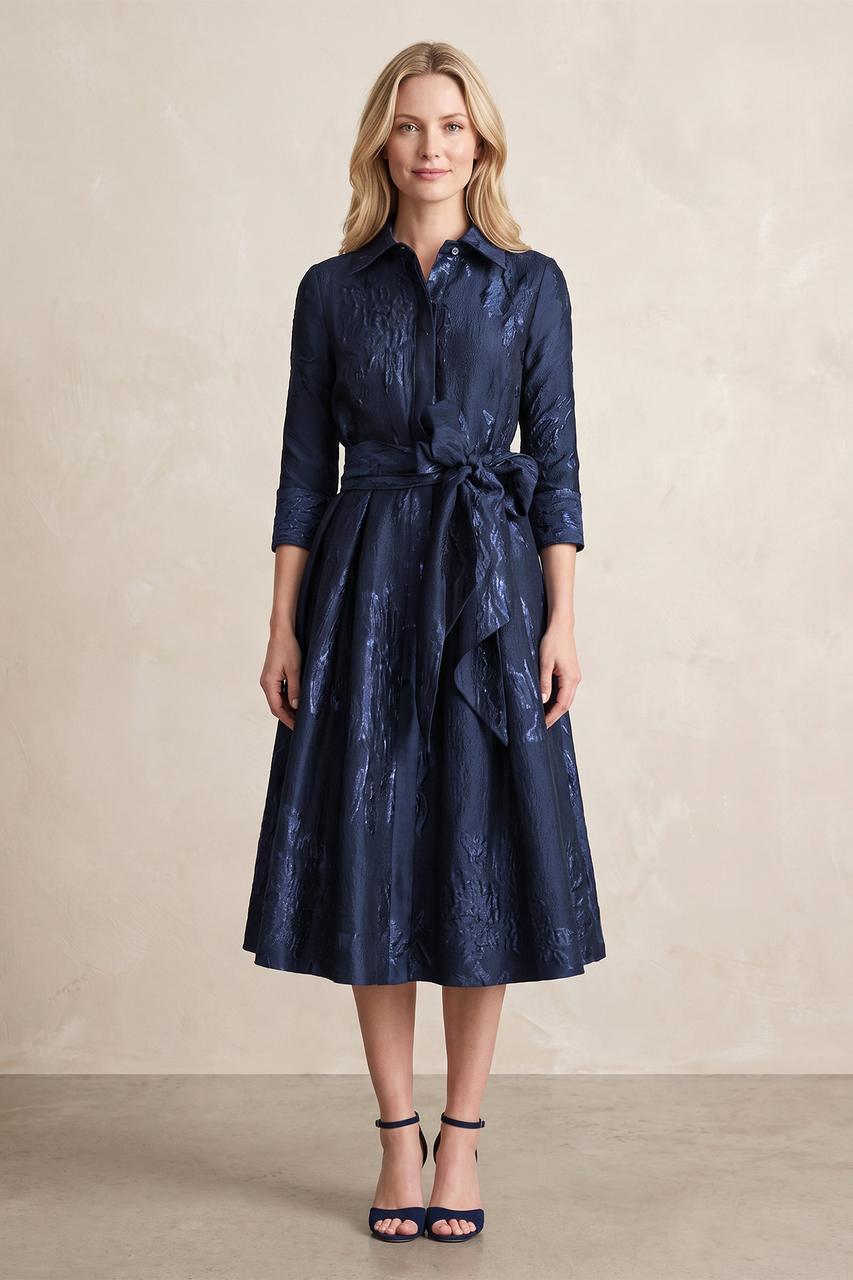 Dark Navy 3/4 Sleeves Jacquard A-Line Midi Mother of the Bride Dress With Belt
