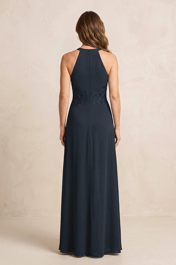Dark Navy A-Line Chiffon Embroidered Halter Mother of the Bride Dress (2) | KISSBRIDAL
