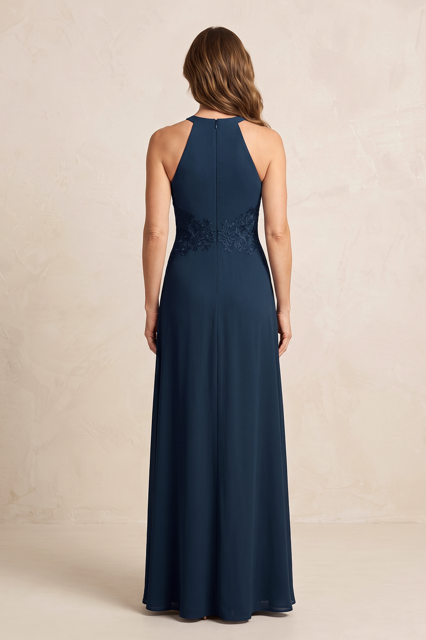Dark Navy A-Line Chiffon Embroidered Halter Mother of the Bride Dress