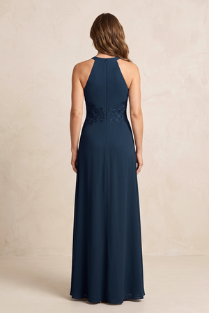 Dark Navy A-Line Chiffon Embroidered Halter Mother of the Bride Dress (2) | KISSBRIDAL