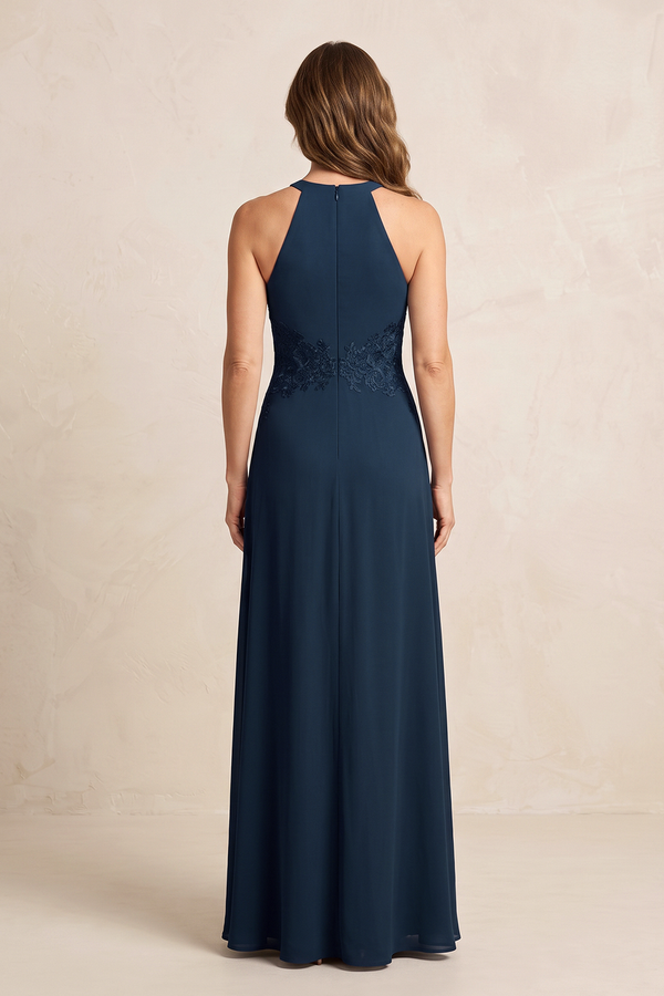 Dark Navy A-Line Chiffon Embroidered Halter Mother of the Bride Dress (2) | KISSBRIDAL