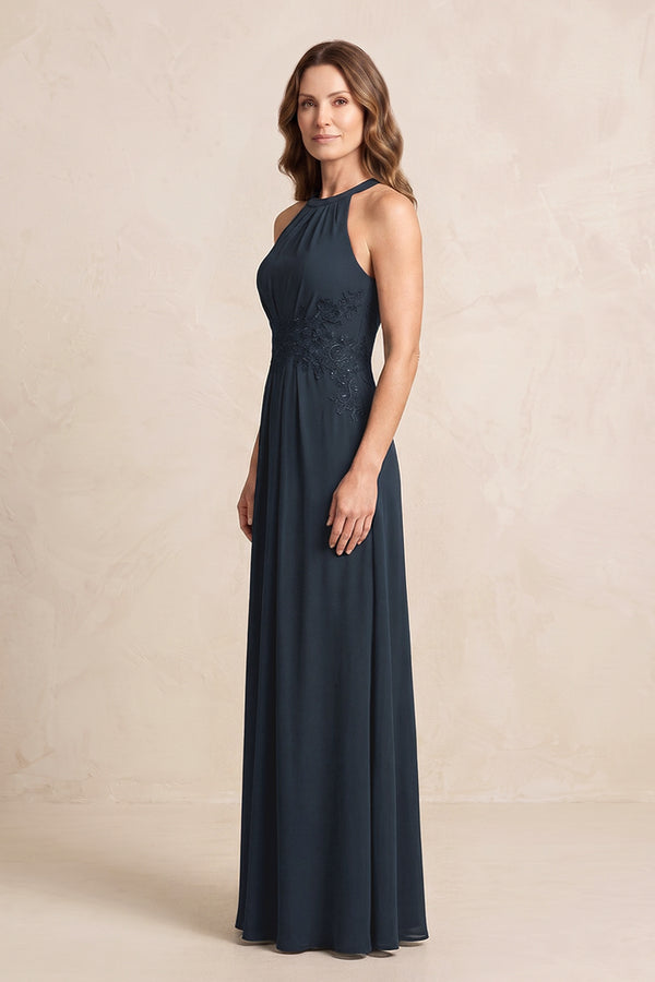 Dark Navy A-Line Chiffon Embroidered Halter Mother of the Bride Dress (3) | KISSBRIDAL