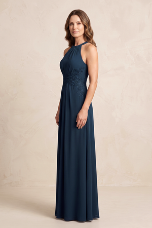 Dark Navy A-Line Chiffon Embroidered Halter Mother of the Bride Dress (3) | KISSBRIDAL