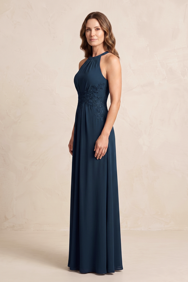Dark Navy A-Line Chiffon Embroidered Halter Mother of the Bride Dress (3) | KISSBRIDAL