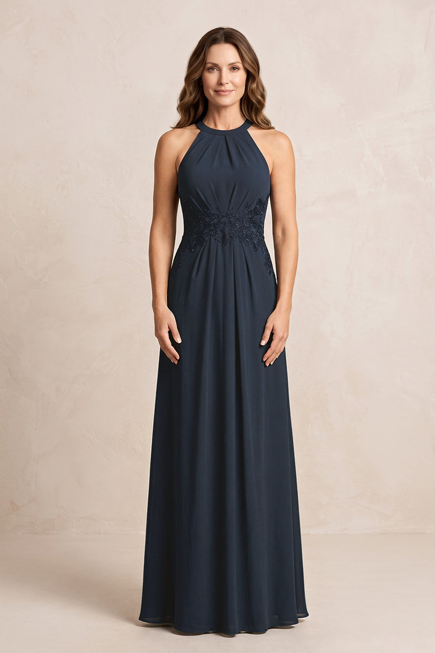 Dark Navy A-Line Chiffon Embroidered Halter Mother of the Bride Dress