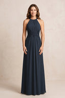 Dark Navy A-Line Chiffon Embroidered Halter Mother of the Bride Dress | KISSBRIDAL
