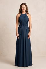 Dark Navy A-Line Chiffon Embroidered Halter Mother of the Bride Dress | KISSBRIDAL