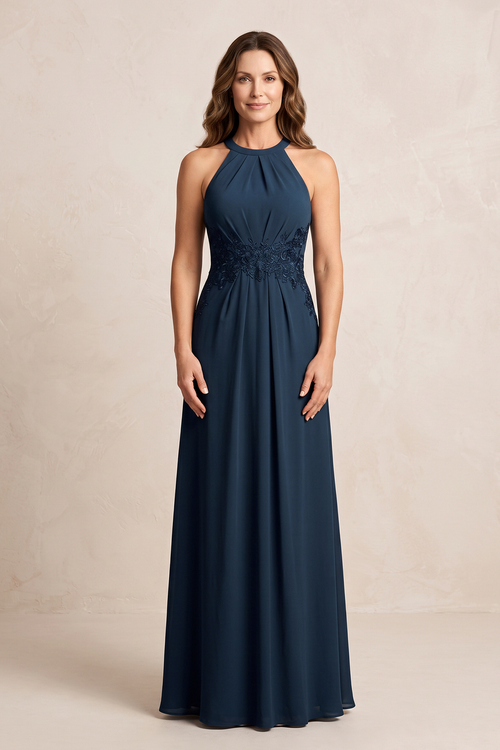 Dark Navy A-Line Chiffon Embroidered Halter Mother of the Bride Dress | KISSBRIDAL