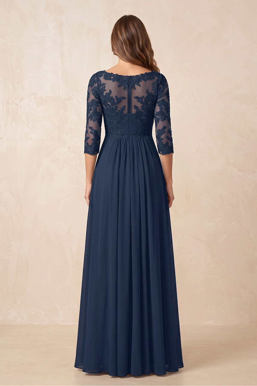 Dark Navy A-Line Chiffon Embroidered Mother of the Bride Dress With Sleeves
