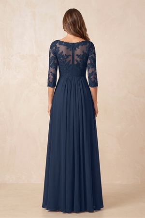 Dark Navy A-Line Chiffon Embroidered Mother of the Bride Dress With Sleeves (2) | KISSBRIDAL