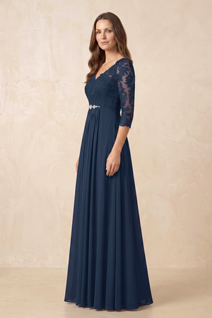 Dark Navy A-Line Chiffon Embroidered Mother of the Bride Dress With Sleeves (3) | KISSBRIDAL