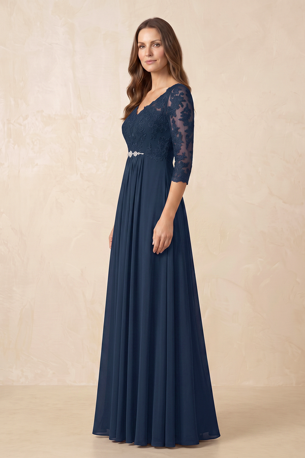 Dark Navy A-Line Chiffon Embroidered Mother of the Bride Dress With Sleeves (3) | KISSBRIDAL
