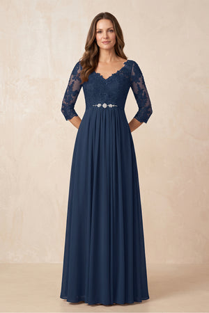 Dark Navy A-Line Chiffon Embroidered Mother of the Bride Dress With Sleeves | KISSBRIDAL