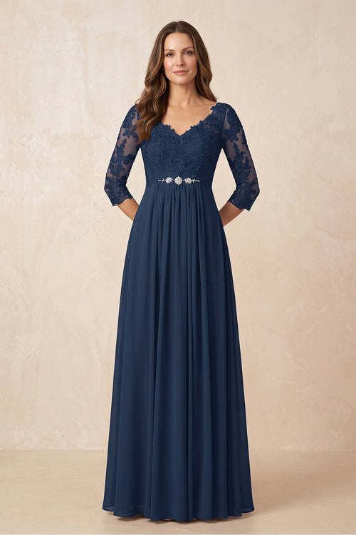 Dark Navy A-Line Chiffon Embroidered Mother of the Bride Dress With Sleeves | KISSBRIDAL