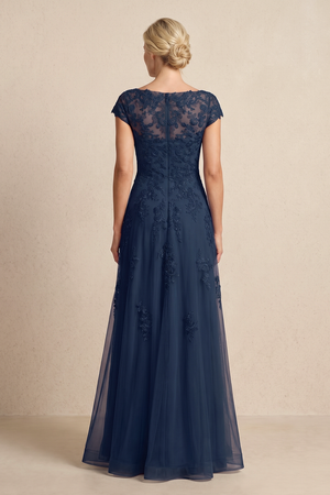 Dark Navy A-Line Embroidered Boat Neck Mother of the Bride Dress (2) | KISSBRIDAL