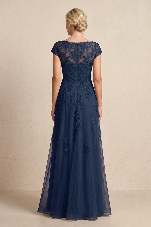 Dark Navy A-Line Embroidered Boat Neck Mother of the Bride Dress (2) | KISSBRIDAL