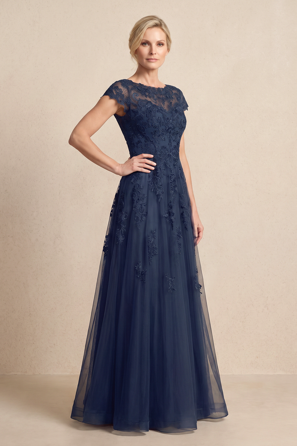 Dark Navy A-Line Embroidered Boat Neck Mother of the Bride Dress (3) | KISSBRIDAL