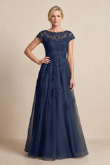Dark Navy A-Line Embroidered Boat Neck Mother of the Bride Dress | KISSBRIDAL