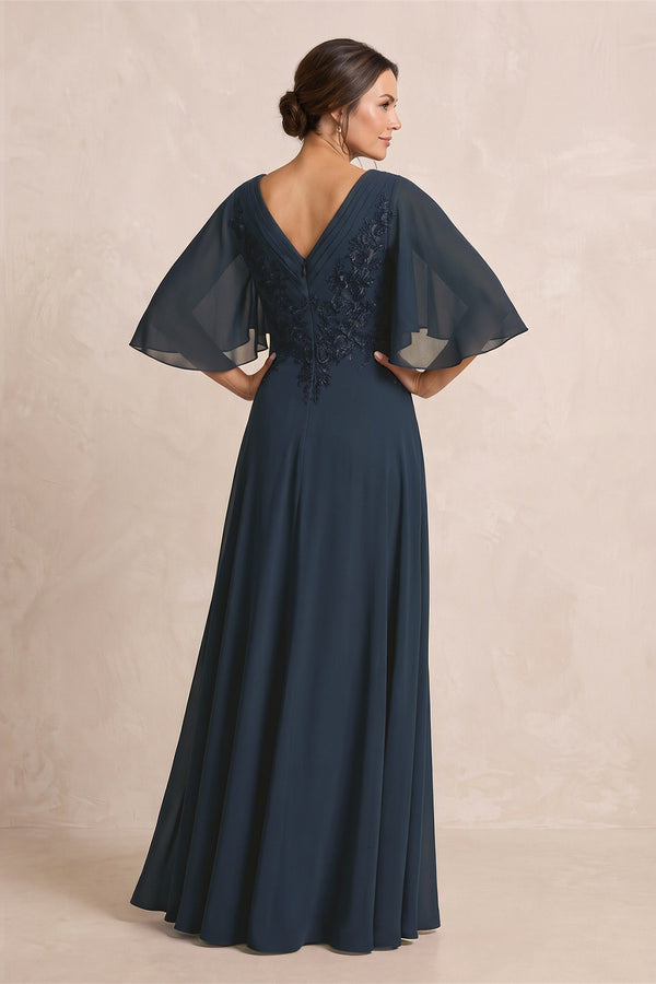 Dark Navy A-Line Embroidered Chiffon Mother of the Bride Dress With Sleeves (2) | KISSBRIDAL