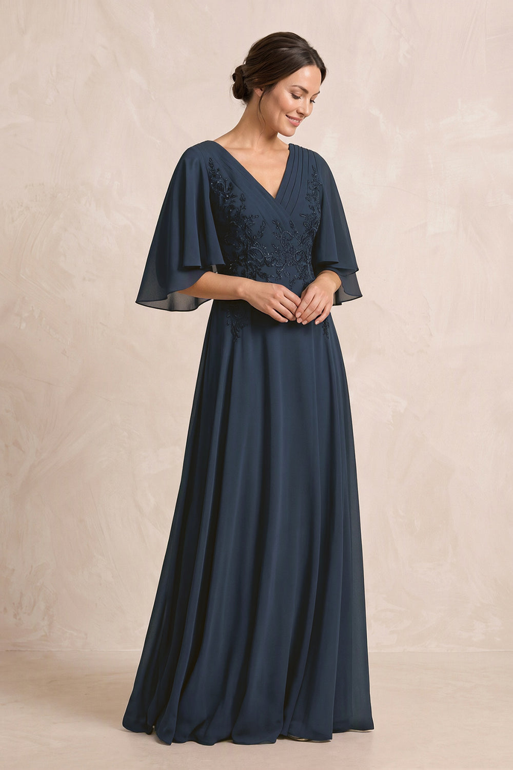 Dark Navy A-Line Embroidered Chiffon Mother of the Bride Dress With Sleeves