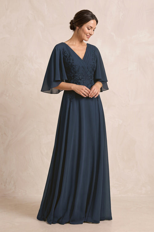 Dark Navy A-Line Embroidered Chiffon Mother of the Bride Dress With Sleeves | KISSBRIDAL