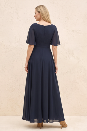 Dark Navy A-Line Flutter Sleeves Chiffon Mother of the Bride Dress (2) | KISSBRIDAL