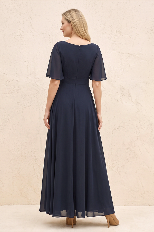 Dark Navy A-Line Flutter Sleeves Chiffon Mother of the Bride Dress (2) | KISSBRIDAL
