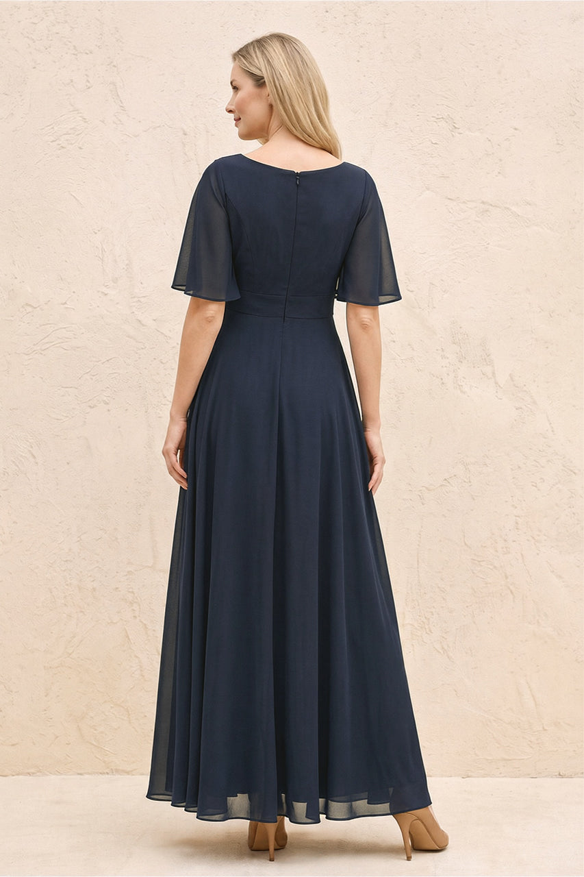 Dark Navy A-Line Flutter Sleeves Chiffon Mother of the Bride Dress
