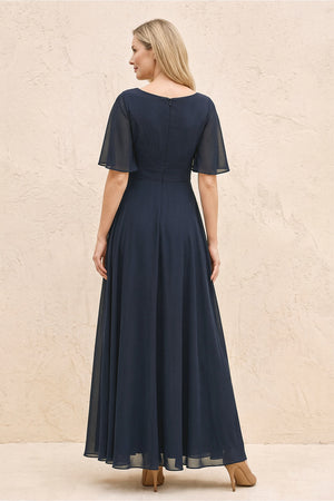 Dark Navy A-Line Flutter Sleeves Chiffon Mother of the Bride Dress (2) | KISSBRIDAL