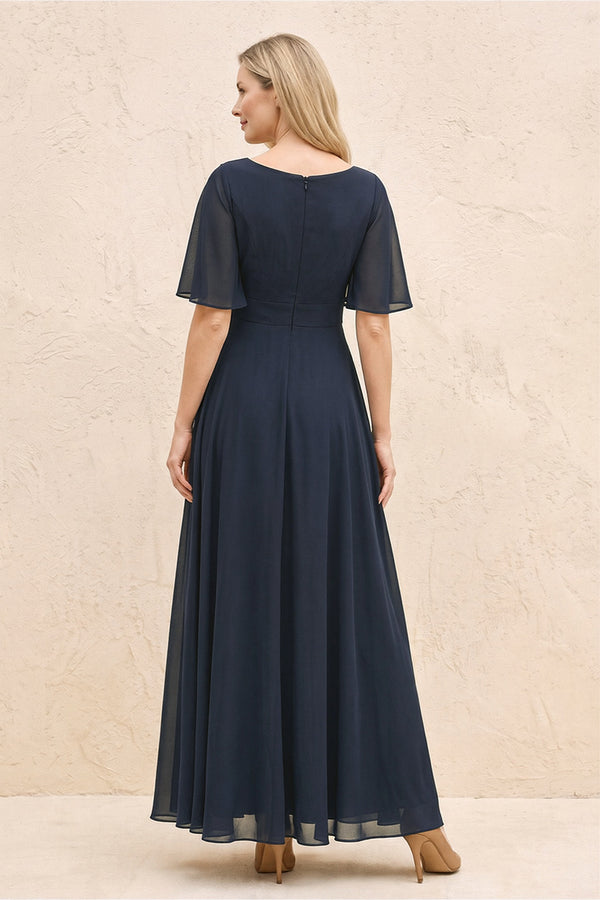 Dark Navy A-Line Flutter Sleeves Chiffon Mother of the Bride Dress (2) | KISSBRIDAL