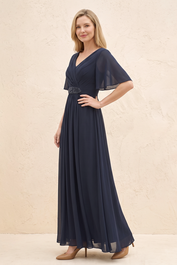 Dark Navy A-Line Flutter Sleeves Chiffon Mother of the Bride Dress (3) | KISSBRIDAL