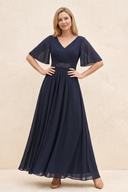 Dark Navy A-Line Flutter Sleeves Chiffon Mother of the Bride Dress | KISSBRIDAL
