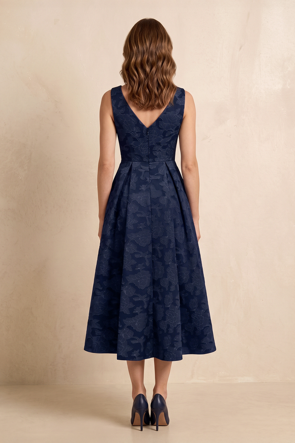 Dark Navy A-Line Jacquard Round Neck Midi Mother of the Bride Dress (2) | KISSBRIDAL