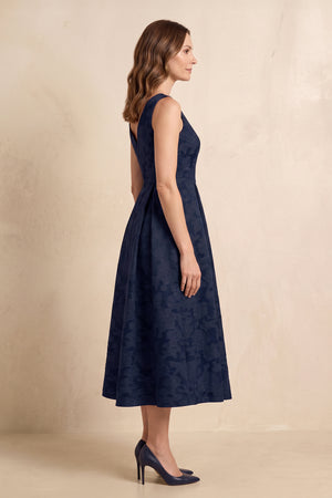 Dark Navy A-Line Jacquard Round Neck Midi Mother of the Bride Dress (3) | KISSBRIDAL