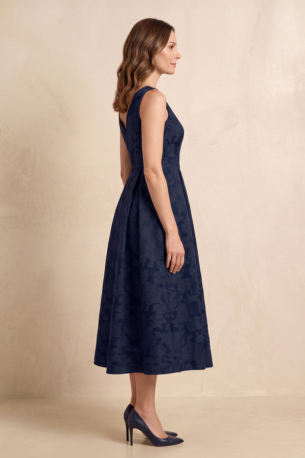 Dark Navy A-Line Jacquard Round Neck Midi Mother of the Bride Dress (3) | KISSBRIDAL